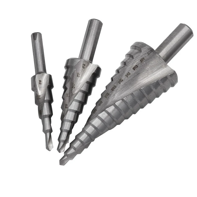 

1Set High-speed Steel Triangular Handle Silver Spiral Groove Step Pagoda Drill Electric Tool Woodworking Positioning Drill Bit