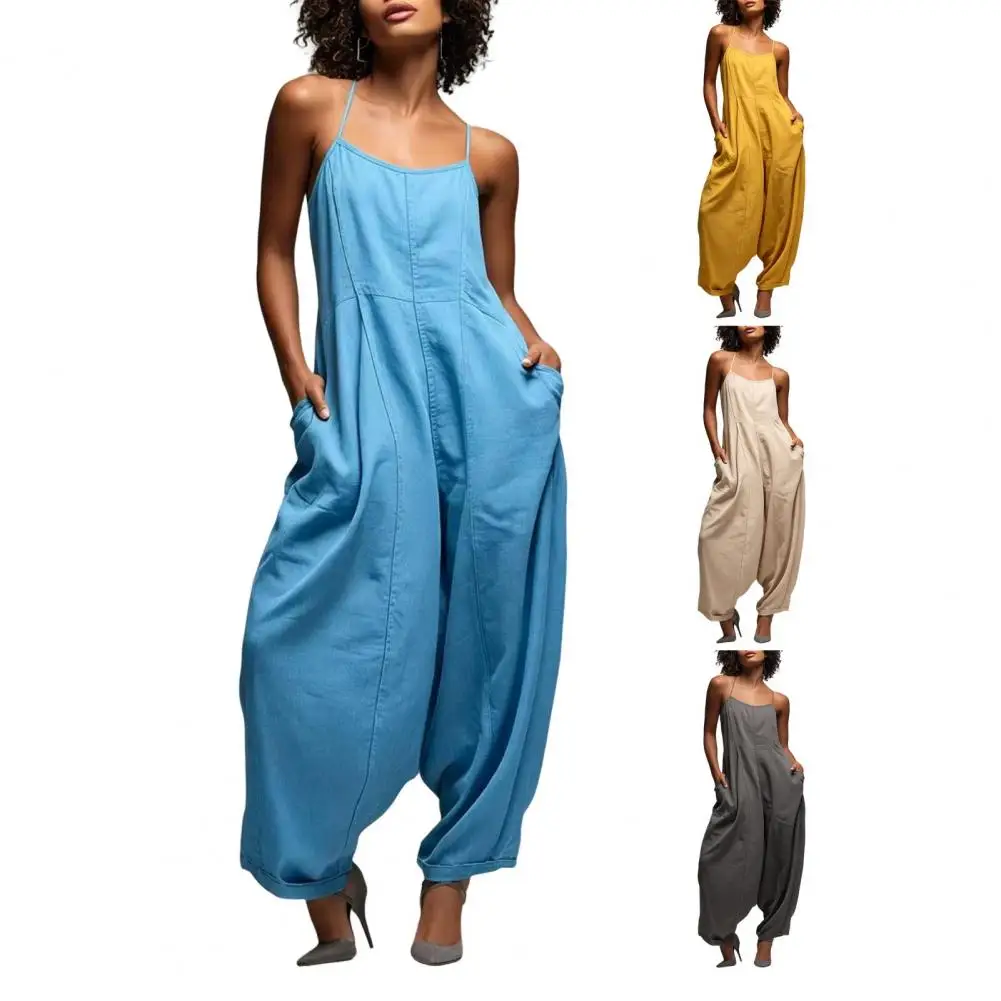 

Women Casual Spaghetti Strap Sleeveless Jumpsuit Vintage Harajuku Loose Fit Long Pants Summer Solid Overalls Rompers With Pocket