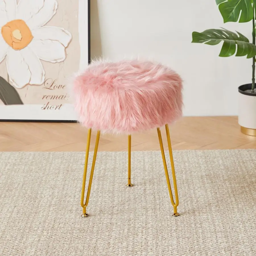 

Faux Fur Vanity Stool Chair, Furry Makeup Stool Ottoman, Soft Padded Seat, Round Footrest Footstools with 4 Metal Legs, for Livi