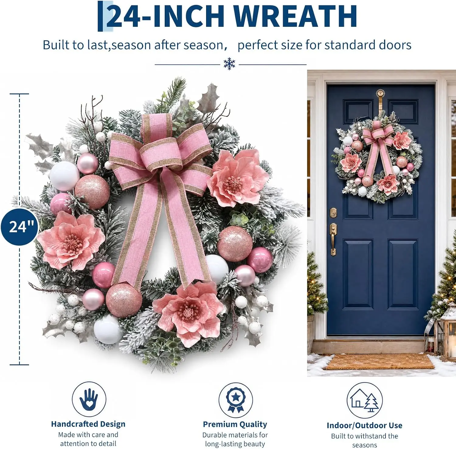Christmas Wreath 24 Inch Pre Lit with Pink Magnolia Flowers 20 LED Lights with 8 Lighting Modes and Timer Snow Scene Artificial PVC Wreath for Front Door Wall Christmas Decor