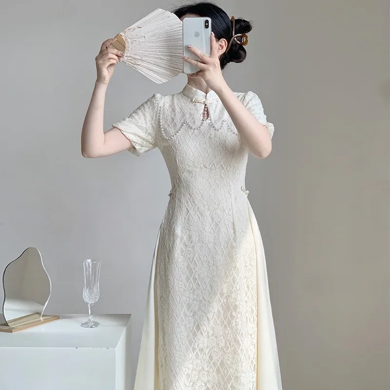 Nuevo Chino Sle Collar de perlas dulce señora Midi Dr tamaño pequeño cintura alta A-Line falda poliéster Nylon Cosite fibra Dr