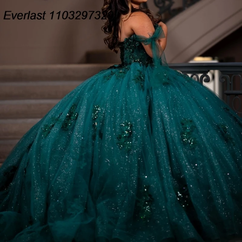 EVLAST черно-зеленое платье Quinceanera бальное платье Кружевная аппликация Блестки Бисероплетение мексиканское милое 16 Vestidos De 15 лет TQD884