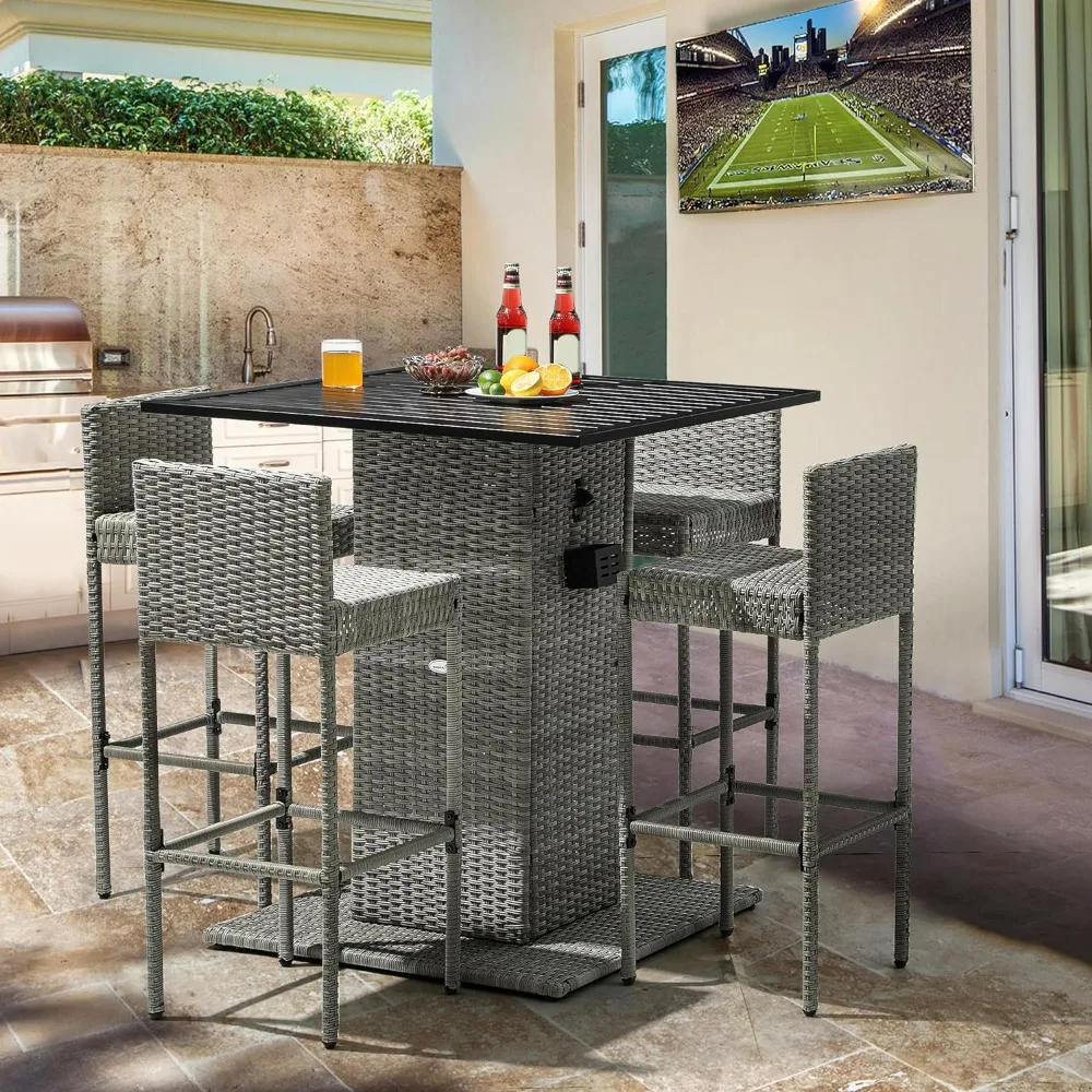 

Outdoor Wicker Bar Set With Built-in Bottle Opener, Hidden Storage Shelf, Metal Tabletop, 4 High Stools,patio Furniture