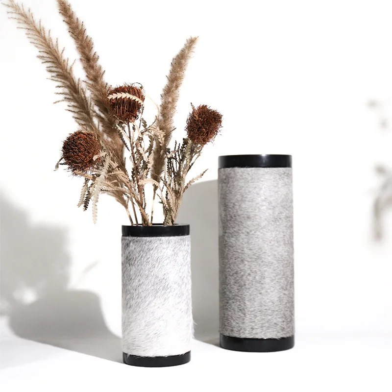 European high-grade marble flower ware light luxury leather horsehair vase home porch living room soft vase home decoration