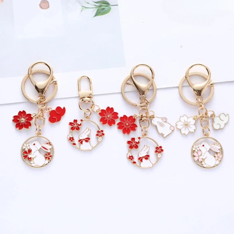 

Fashion Enamel Blossom Rabbit Keychain for Women Cute Moon Flower Gold Color Key Chain Bag Car Keyring Valentine's Day Gift