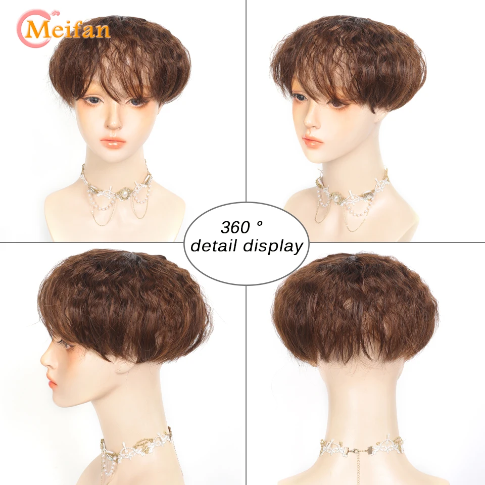 MEIFAN Synthetic Short Wavy Curly Topper Hairpiece with Bang Closures Hair Clip on Hair Extension Increase Hair Volume for Women