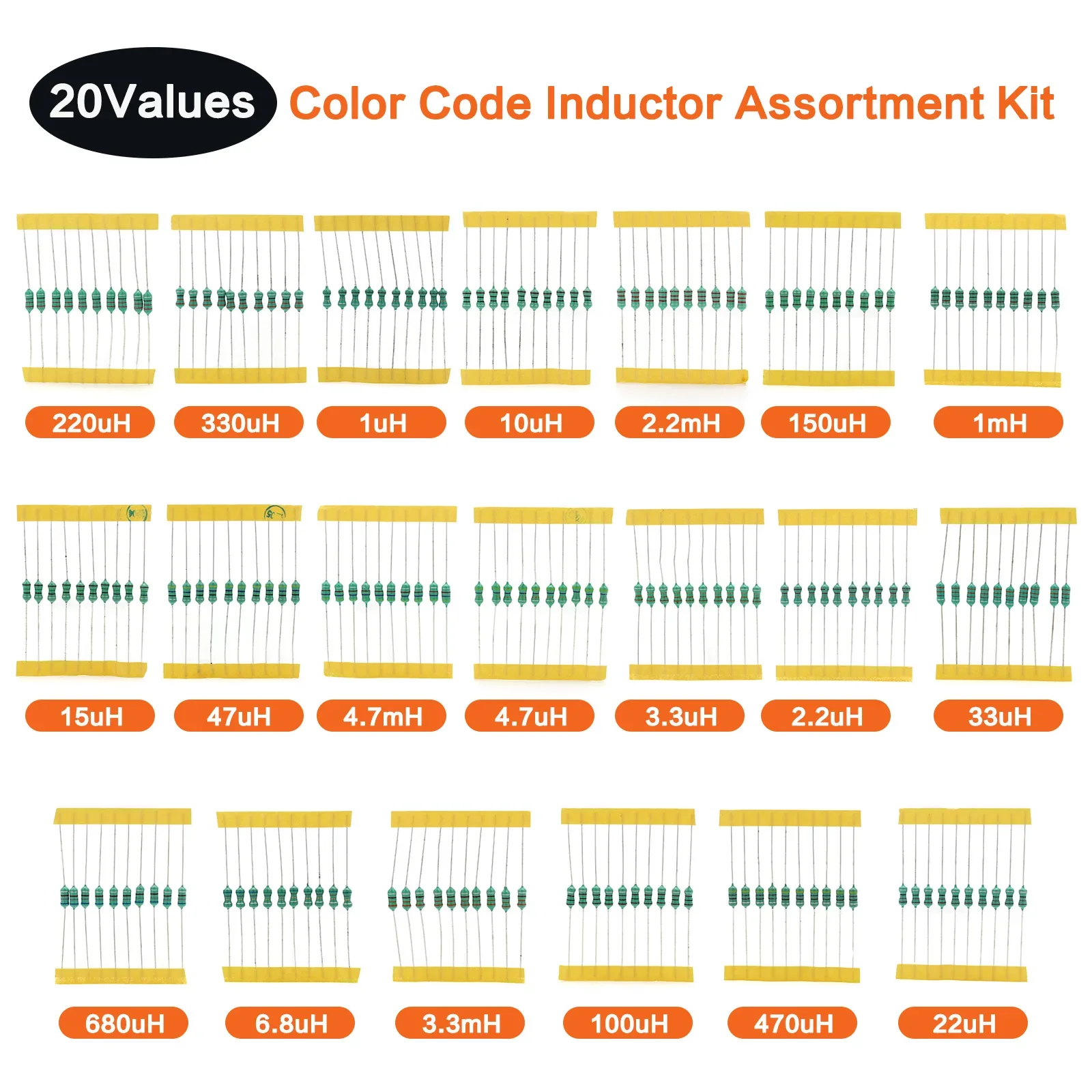 1/2W Inductor Assortment 0.5W Color Ring Inductance Assortment 1UH-4.7MH 20valuesX10pcs=200pcs Inductors Assorted Set Kit