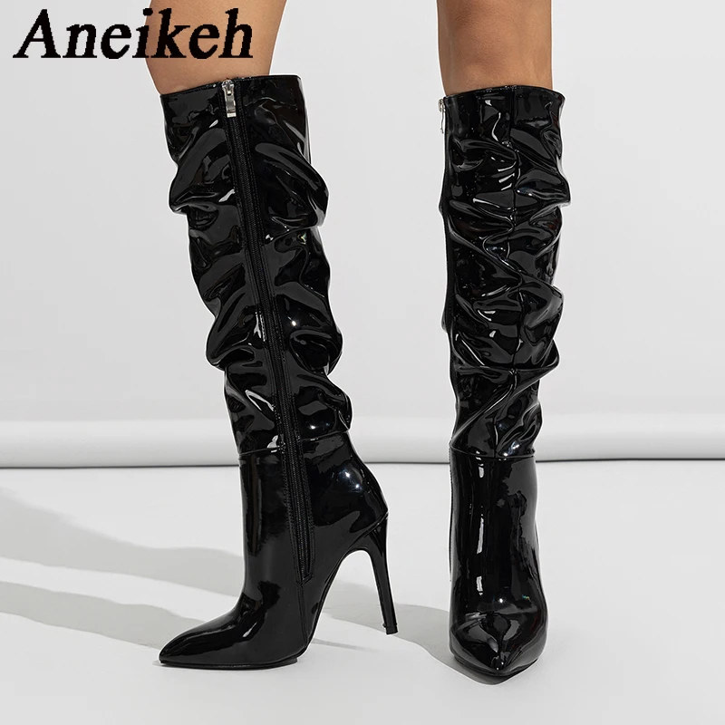 

Aneikeh2024 Fashion Pointed Thin Heel Sewing Zipper Knee-High Boots Women's Patent Leather Pleated Modern Party Ball Roman Style