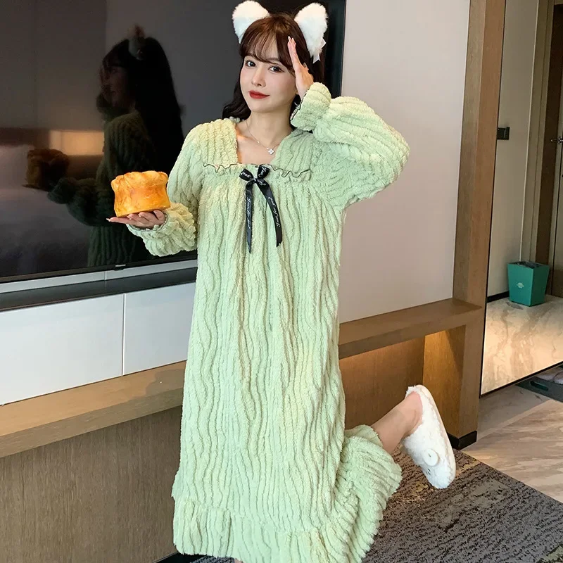 Large Size Winter Coral Velvet Sleep Dress Women Jacquard Fleece-lined Thickened Long Sleeve Flannel Nightgown Korean Sleepshirt