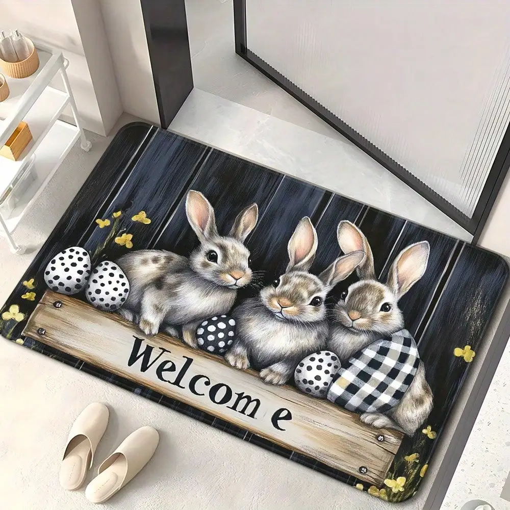 1pc Easter Bunny & Egg Non-Slip Door Mat - Cute HD Printed Design, Absorbent Microfiber Polyester Mat For Indoor/Outdoor Use, Washable, Perfect For Bedroom