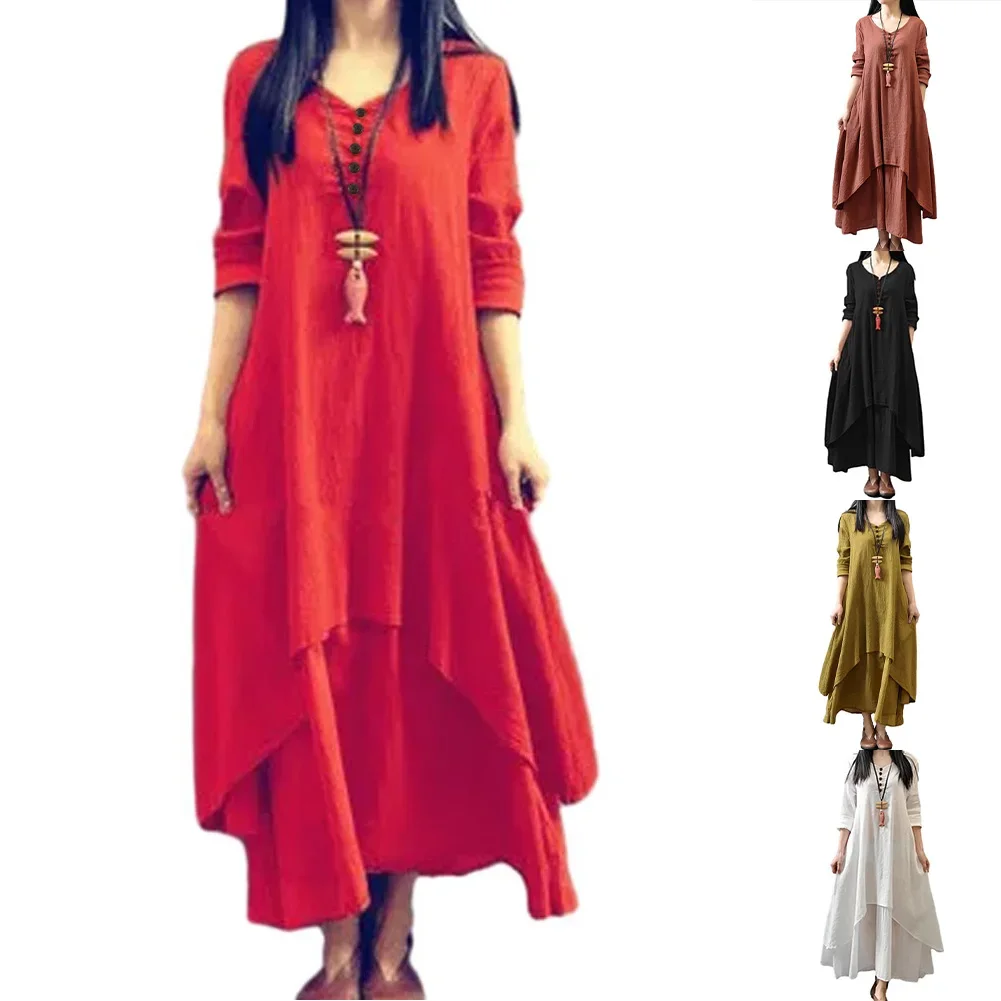 Vestido de linho feminino em camadas vintage robe oversized feminino primavera usar solto manga longa vestidos bohemia vestido casual (m 3xl)