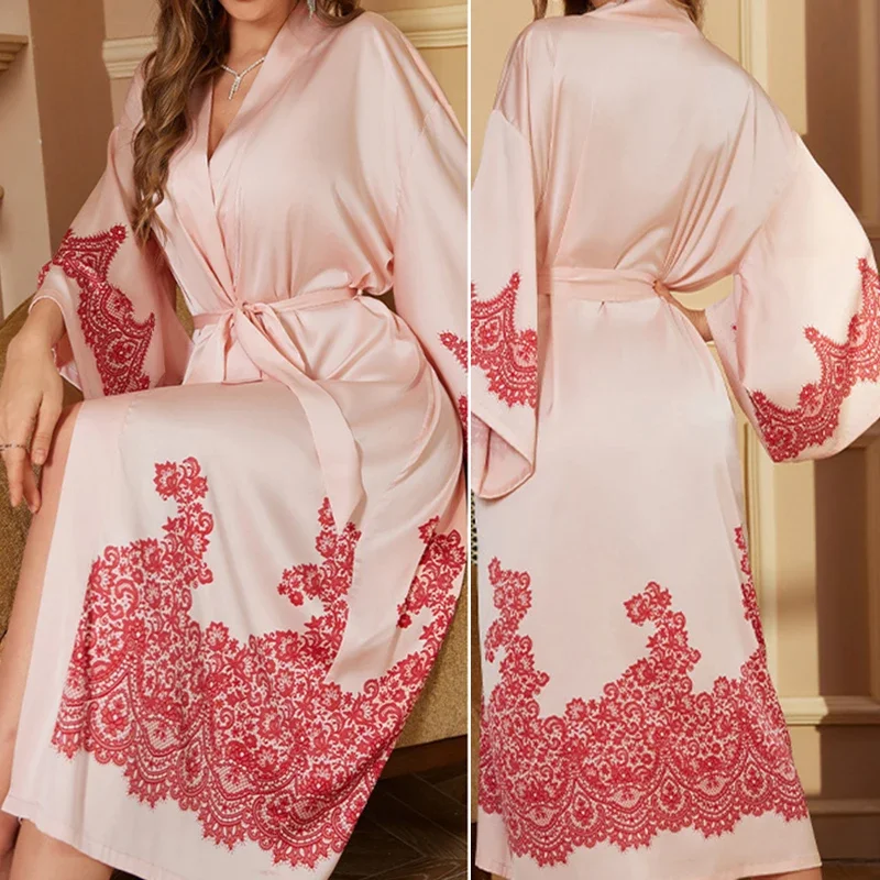 Plus Size Women\'s Long Robe Sleepwear Print Flower Kimono Bathrobe Gown Spring New Night Dress Home Wear Casual Satin Loungewear