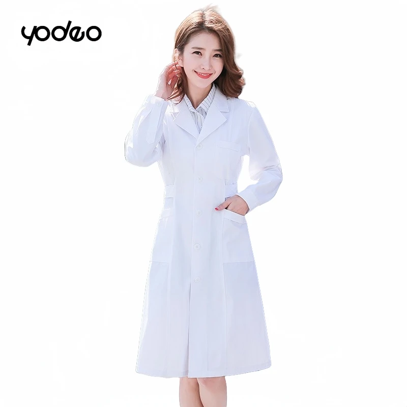 เสื้อคลุมแพทย์ พยาบาล ผ้าฝ้าย แขนยาว ผู้หญิง ทรงเข้ารูป เสื้อคลุมห้องปฏิบัติการ เสื้อคลุมร้านขายยา ชุดทำงาน นักศึกษาแพทย์ เสื้อคลุมสีขาว แขนยาว