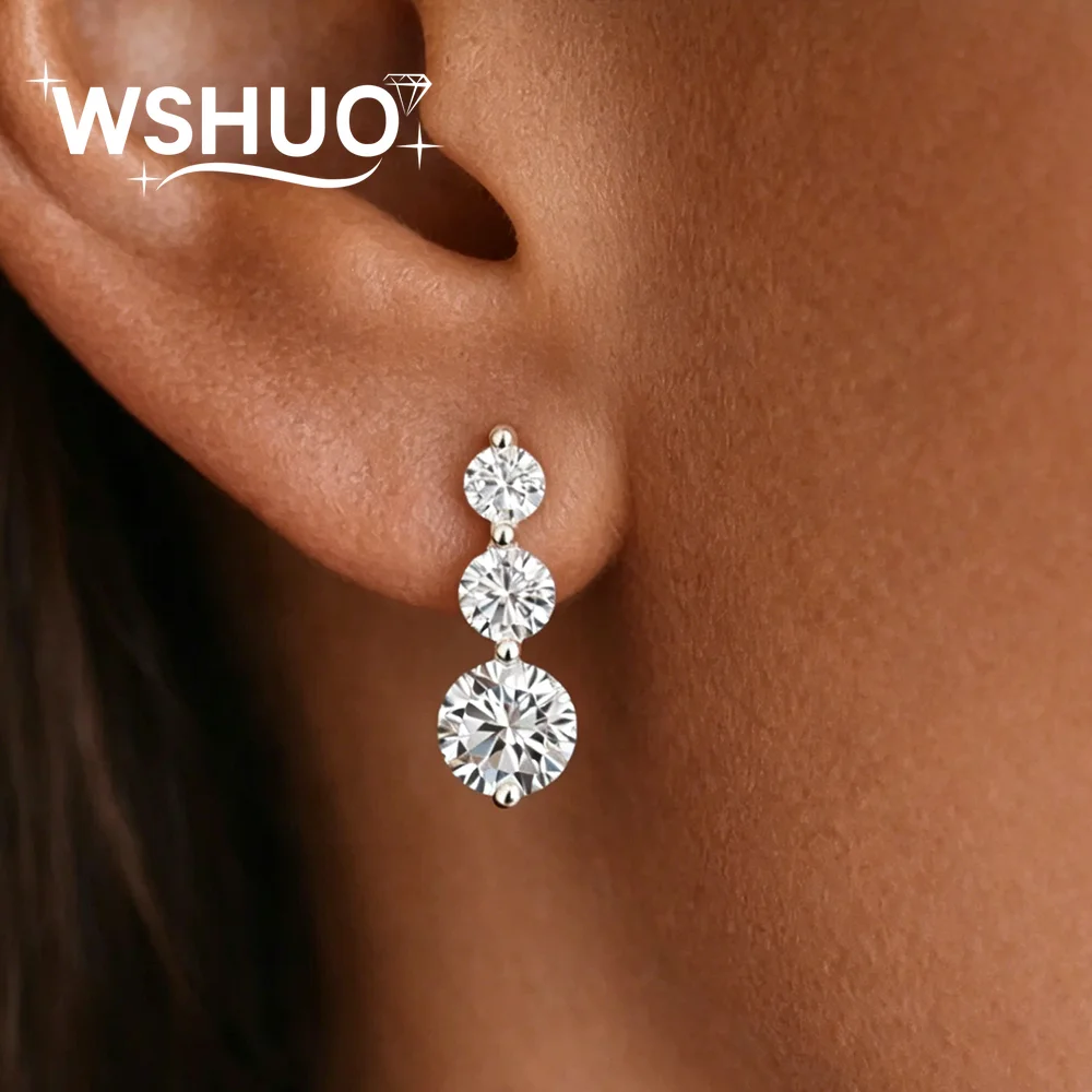 3-Stone Size Gradient All Moissanite Stud Earrings for Women S925 Silver D Color VVS1 Diamond Drop Earring With GRA Certificate