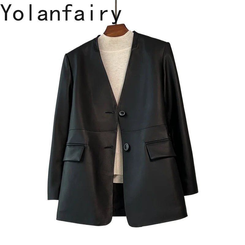 

YOLANFAIRY High Quality Real Sheepskin Suit Coat Woman Clothing 2026 Elegant Genuine Leather Jacket Women V-neck Coats Mid-long
