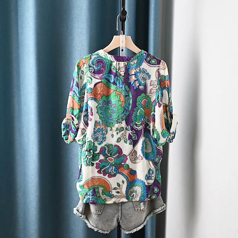 Summer Women's Clothing Fashion Vintage Folk Printed Short Sleeve Shirt Casual All-match Button Patchwork Blouse for Female