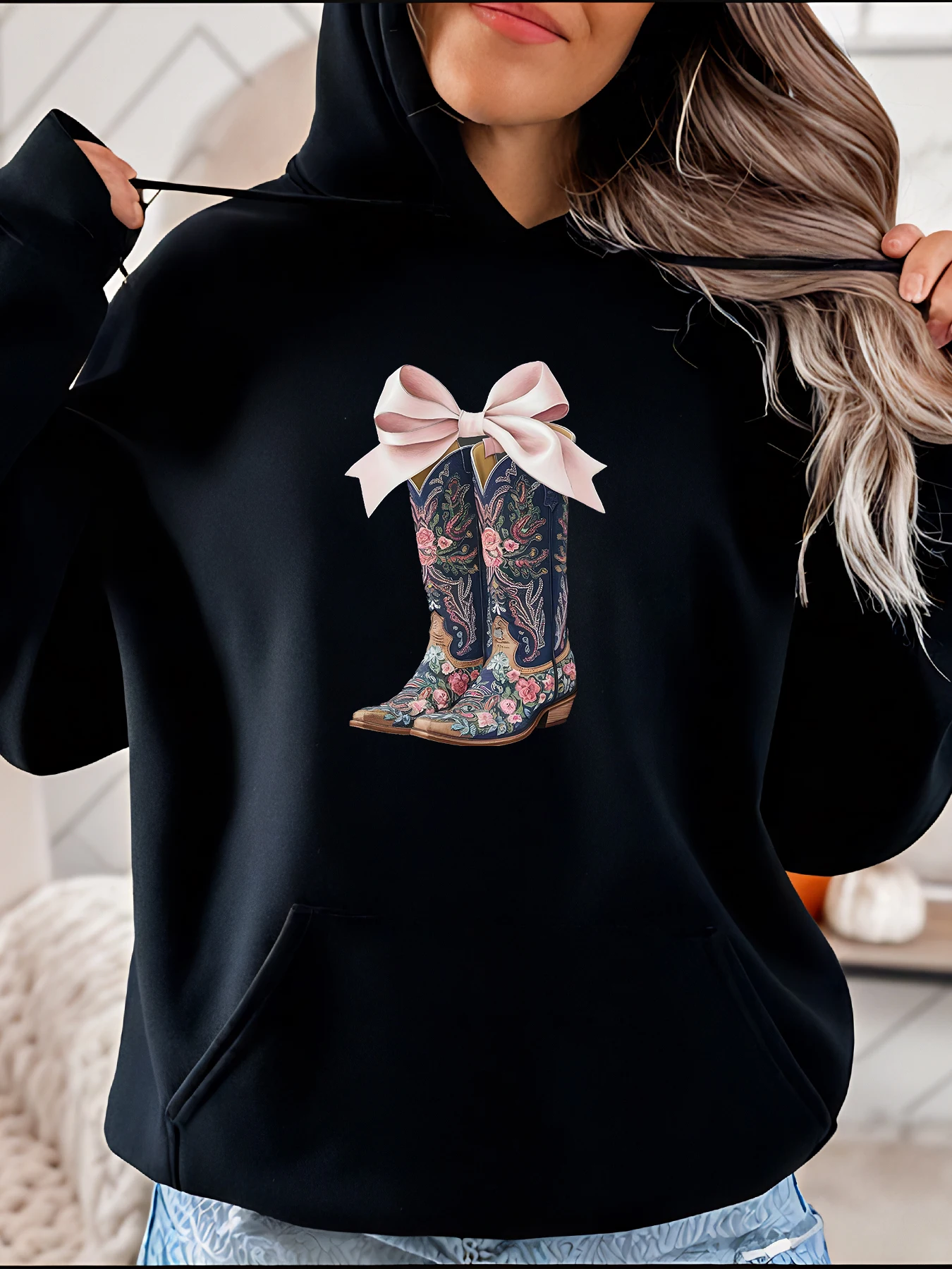 

Women's Black Hoodie with Floral Cowboy Boots Print Pink Bow Design Casual Western Style Sweatshirt for Cowgirl Fashion