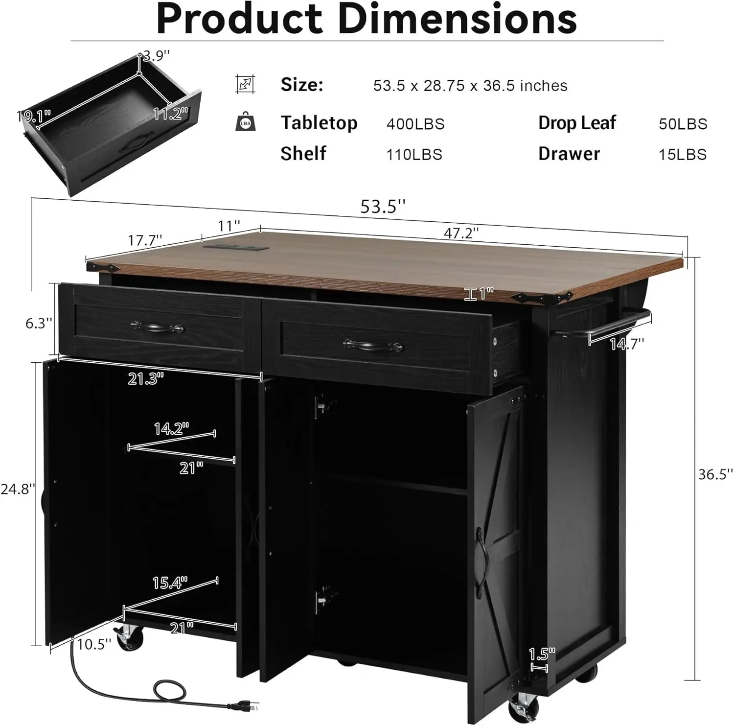 Portable Kitchen Island Cart With Drop Leaf, Power Outlet, Rolling Farmhouse Kitchen Carts On Wheels With Storage Drawers,