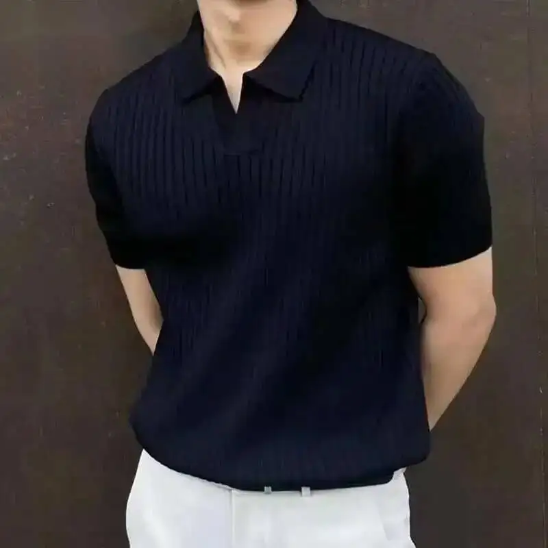 Business Casual Men's T-shirt Knitting Pullover Top Short Sleeve Korean Style Lapel Slim Fit Knitwear Men Wear Summer 99DPM