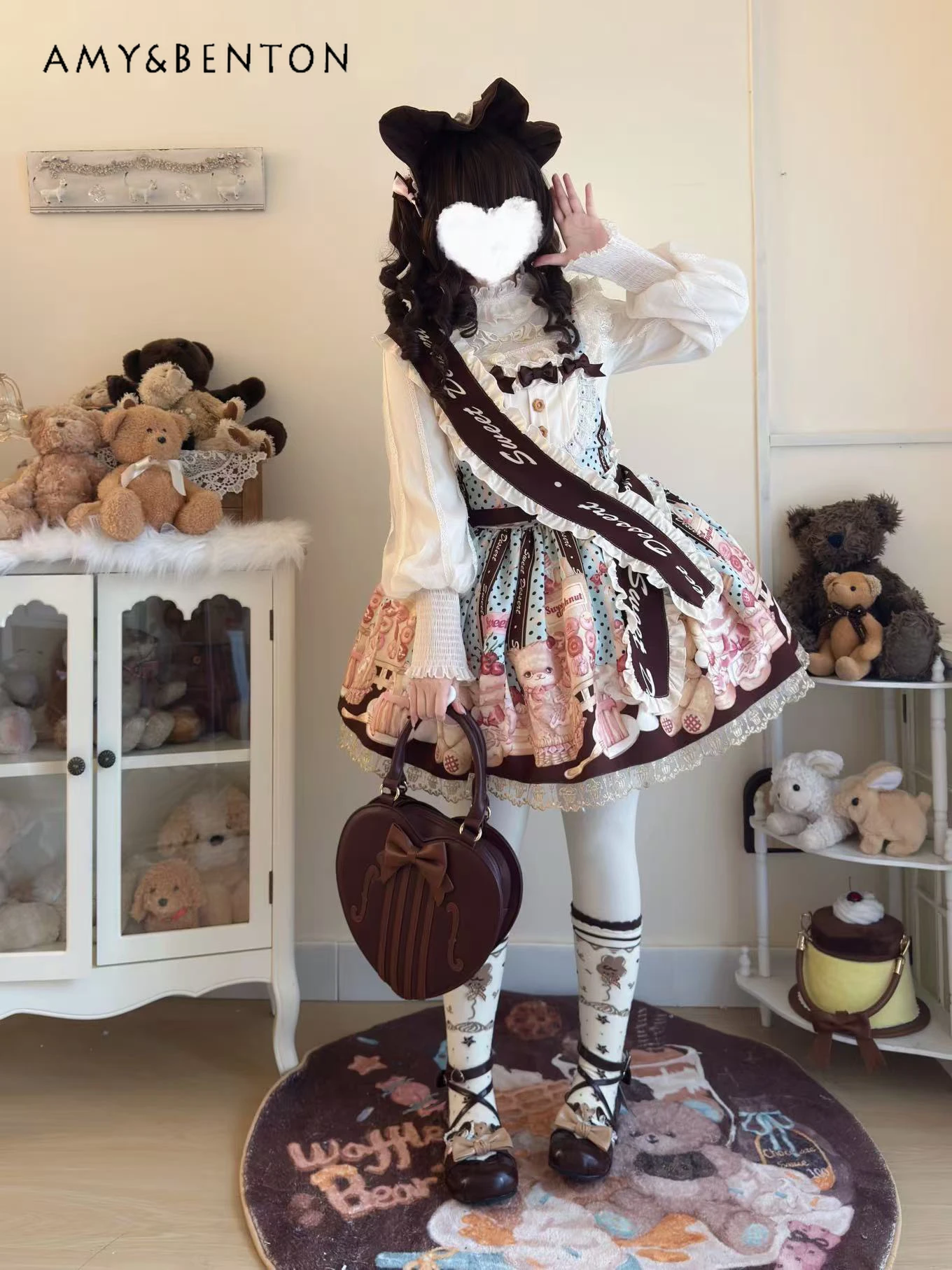 Kawaii Cartoon Print Jsk Tutu Dress Lolita Sweet Girl Bow Polka Dot Lace Stitching Ball Gown Dresses Birthday Dress for Women