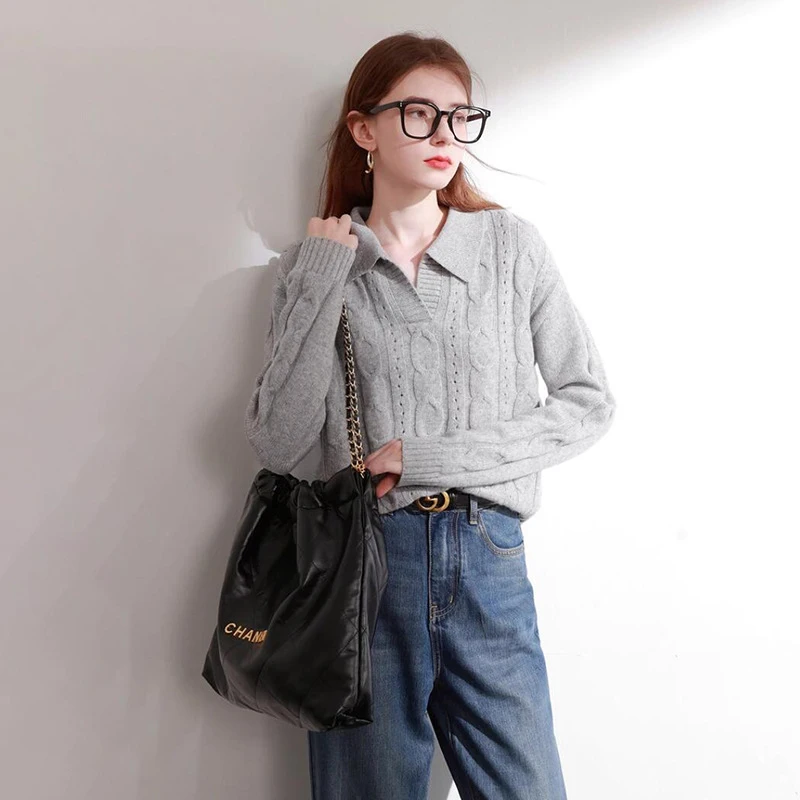 

Elegant Women Sweater Grey Color Turn Down Collar Knitted Top Office Lady Pullover Tops 2024 New