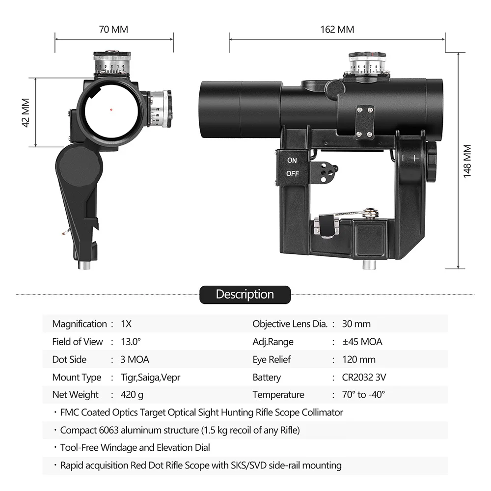 SVD 1x30 Red Dot Sight Tactical Hunting Rifle AK Series Compact Riflescpe Red Dot With Side Mounting