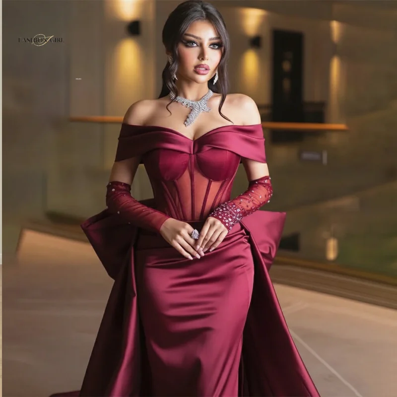 Abito da ballo stile sirena tinto rosso vino bordeaux con gonna lunga con spalle scoperte con fiocco e abbellimenti di perline lucide sulle maniche