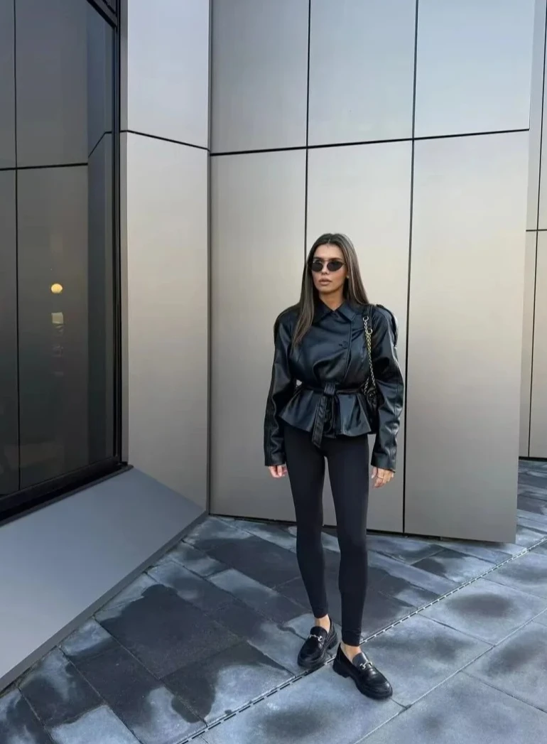 New Women Fashion Belt Imitation Leather Trench Coat Long Sleeve Short Casual Leather Coat Chic Outerwear