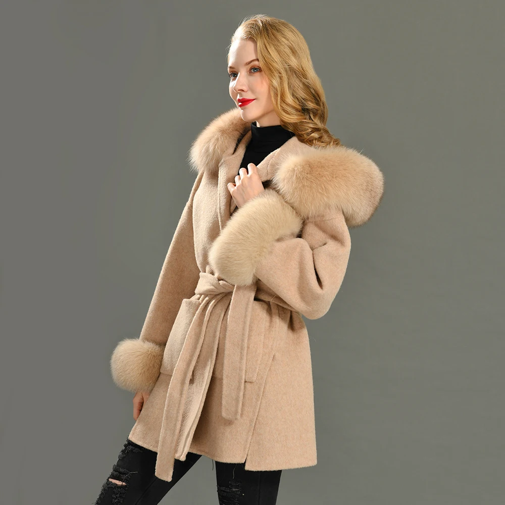 2024 Real Fur Coat Hood Winter Jacket Women 100% Natural Fox Fur Collar Cuffs Cashmere Wool Blend Oversize Outerwear New Loose