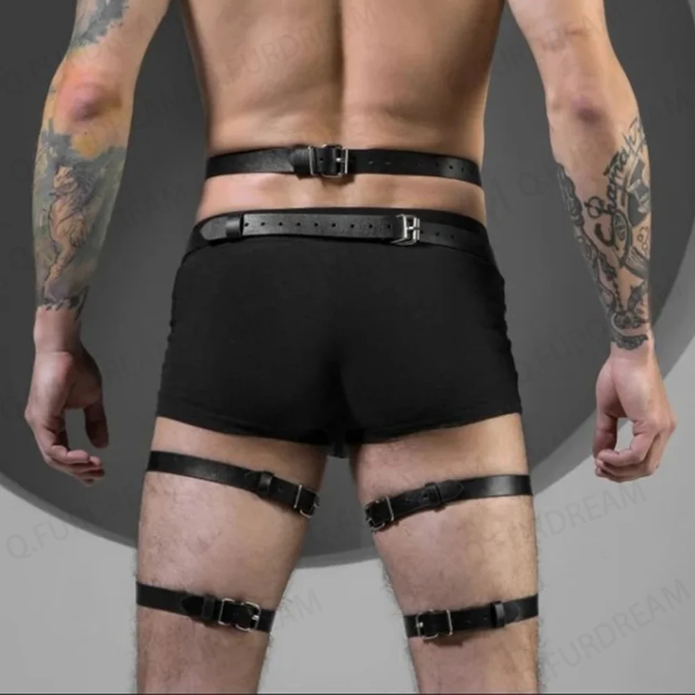 Sexy Men\'s Body Leg Harness Belts Pu Leather Adjustable Punk Style Belt for Cosplay Male Bondage Gay Party Fetish Costume