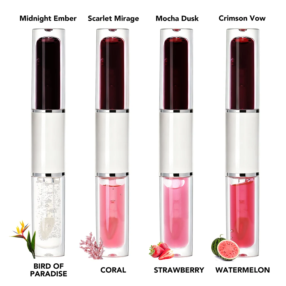 Private Label 2in1 Lipgloss-Lippenöl, individuelles Logo, 4-Farben-Peel-off-Gloss, Feuchtigkeit, langanhaltendes, transferfestes, doppelseitiges Make-up