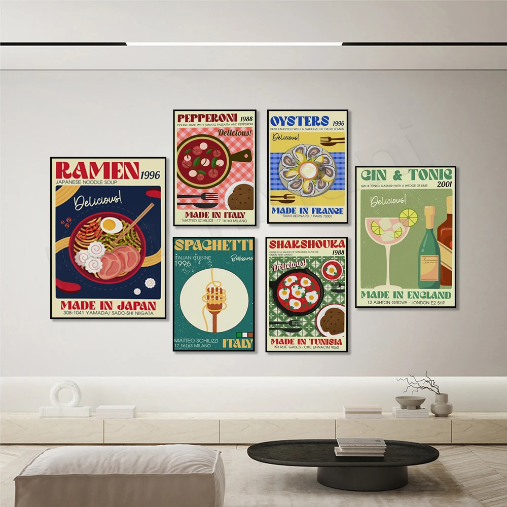 Food print, pasta, pepperoni pizza, spanish oysters, cocktail, gin, japanese ramen, food logo, french cuisine, kitchen decor