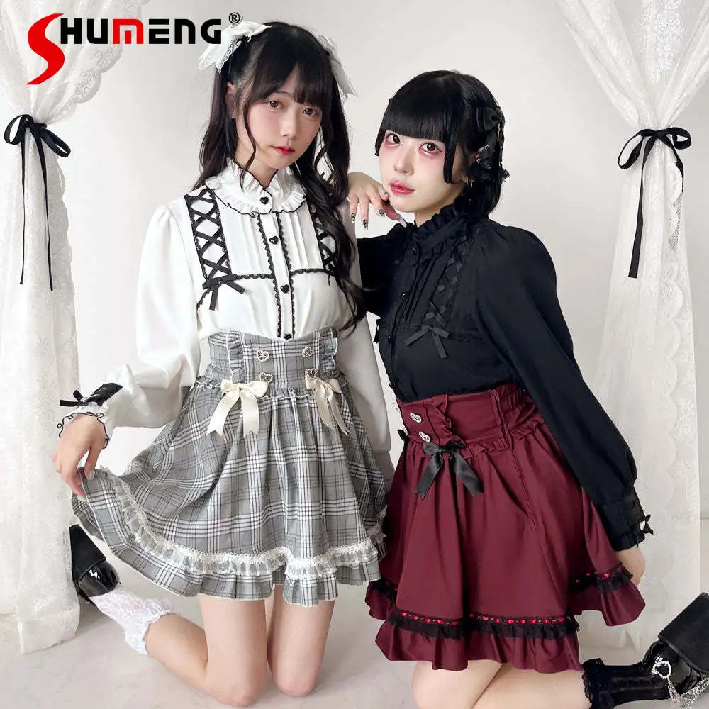 

Japanese Sweet Lace-up Bow Ruffles Stand Collar Long Sleeve Love Buckle Single-breasted All-matched Lolita Shirts Tops For Women