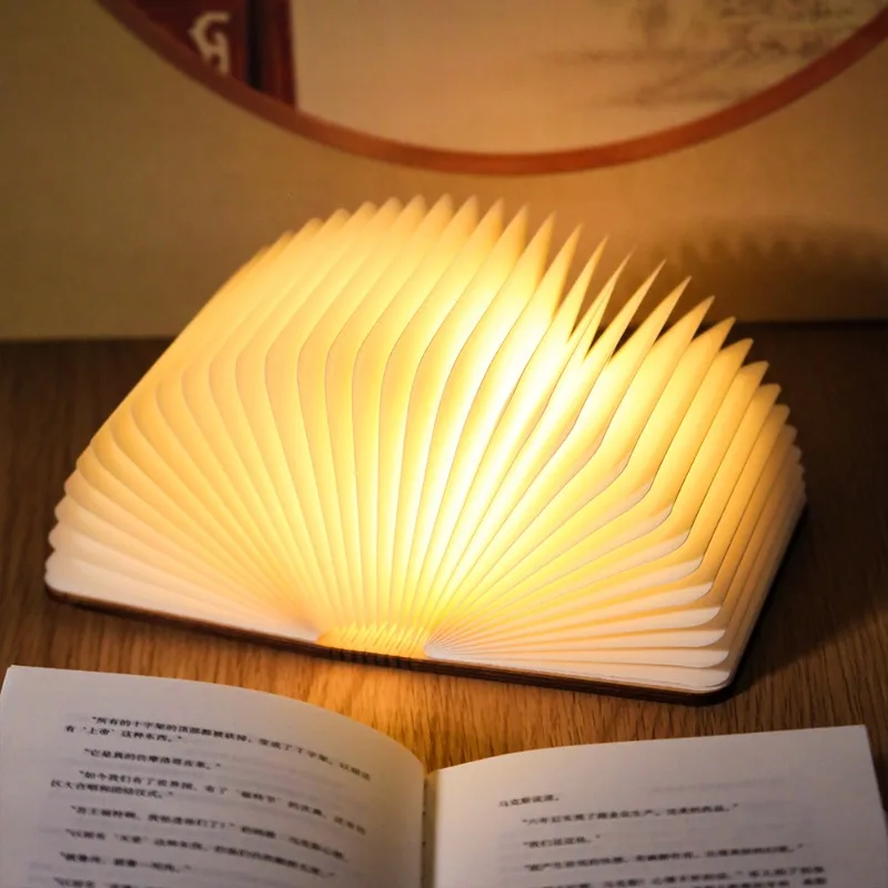 Luz de libro de regalo creativa, iluminación de protección ocular, grabado de madera led, página de carga plegable, luz nocturna giratoria
