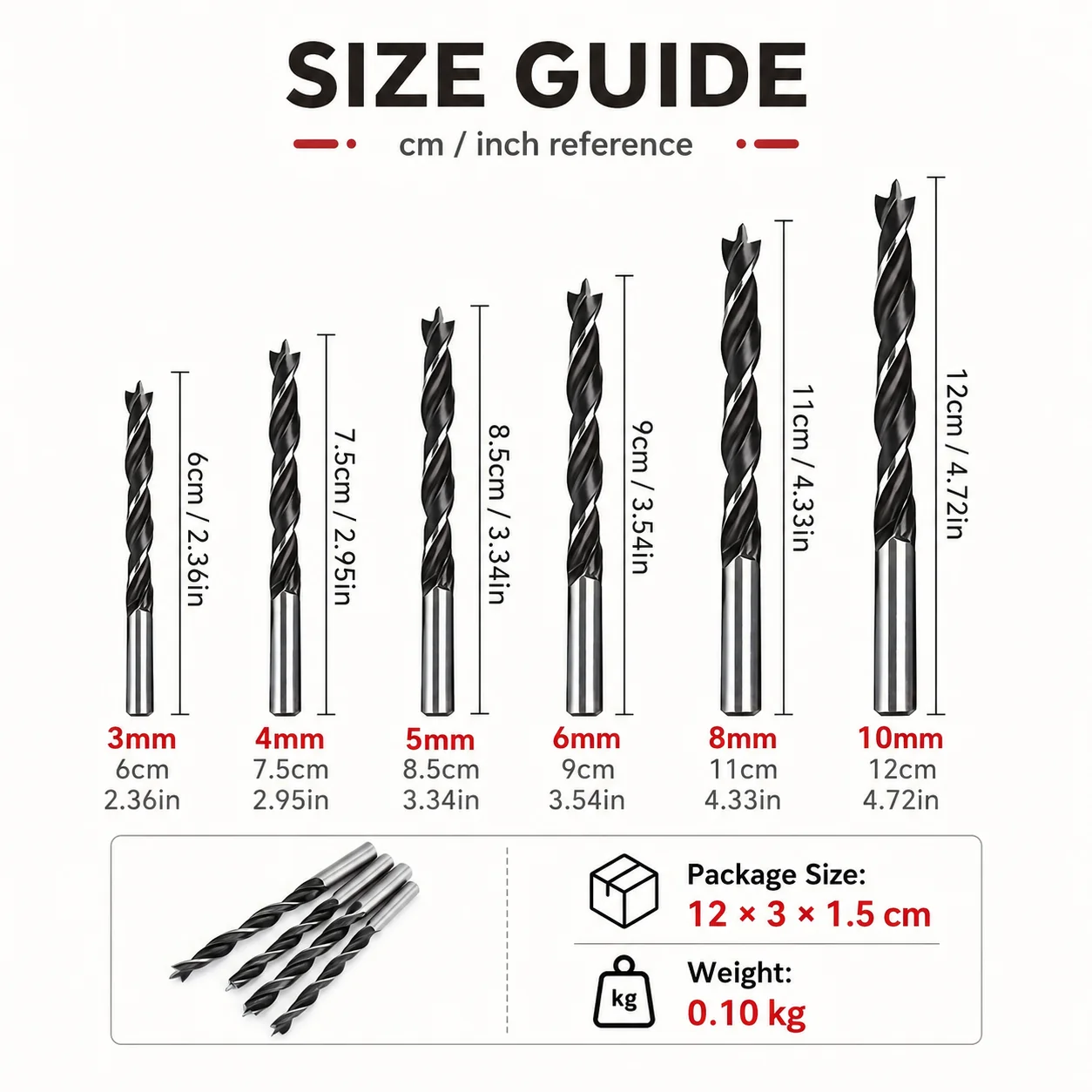 6Pcs Brad Point Wood Drill Bit Set 3-10mm Metric High Hardness Woodworking Twist Drill Bits for Timber Plywood Furniture DIY Dri