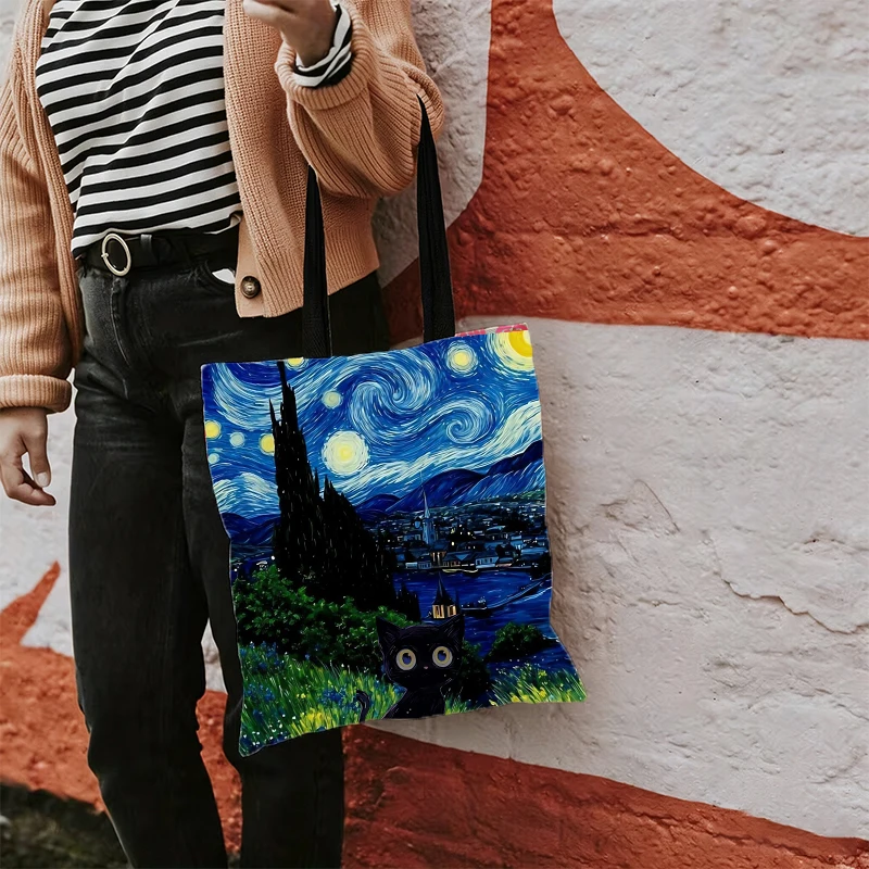 V-Van Gogh Serie Schultertasche, hohe Kapazität, umweltfreundlich, wiederverwendbar, für Damen und Herren, lässige Einkaufstasche, Kawaii-Handtasche mit Cartoon-Motiv. – Detail 4