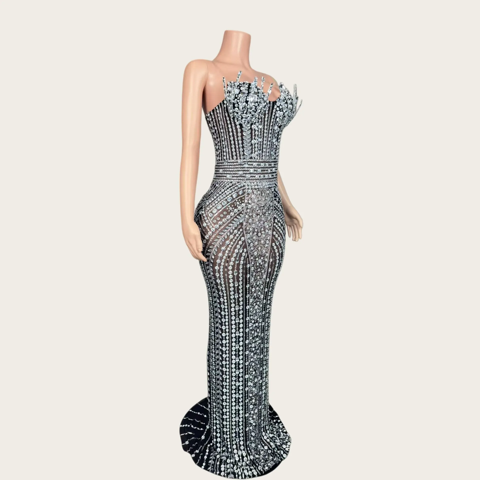 

Luxury Sparkly Crystals Tight Fitting Long Dresses Night Party Outfit Sexy Women Elegant See Through Mesh Evening Gown Bazhuayu