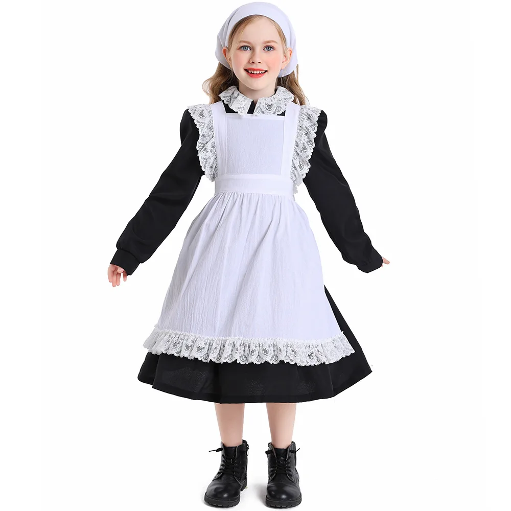 Costume Lolita en dentelle noire et blanche pour enfants, fête d'Halloween pour filles, performance sur scène, femme de chambre de ferme, vêtements trempés, d'échantillons ans