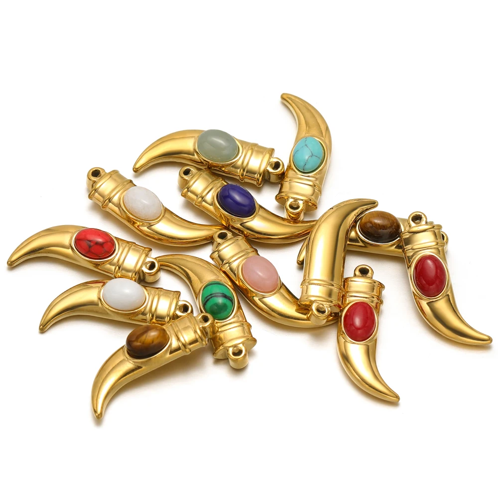 5pcs Gold Stainless Steel Natural Stone Pepper Ox Horn Charms for DIY Women Necklace Pendants Jewelry Bracelet Earrings Making