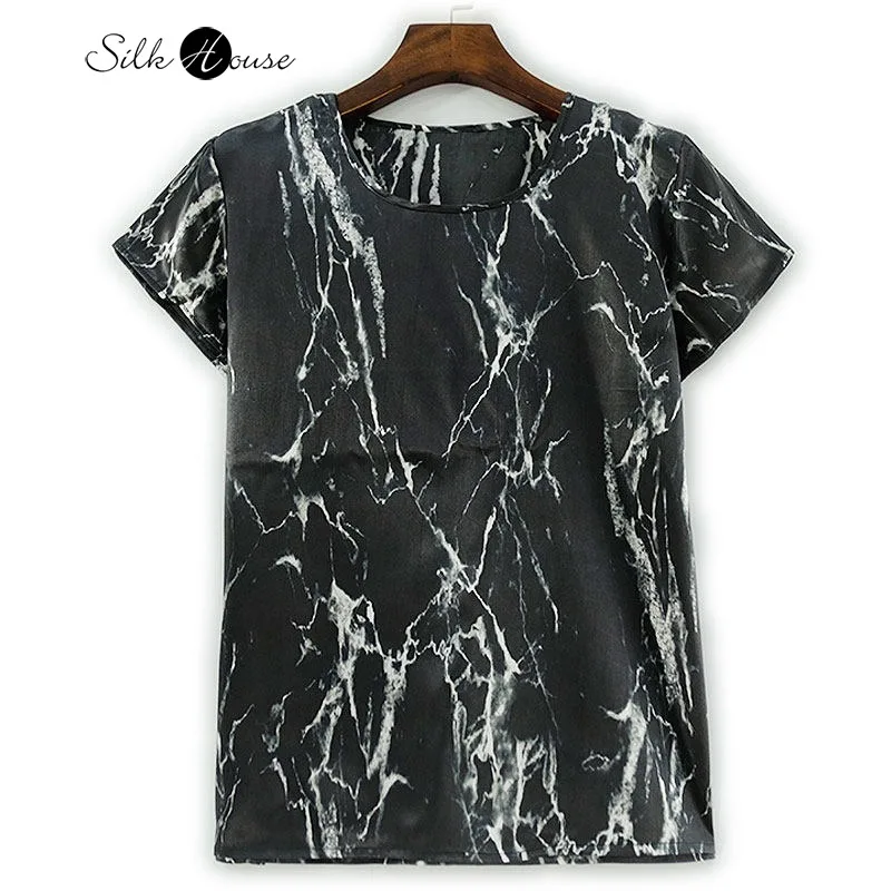 Women's Casual Summer New Ink Cloud Stone Flower 100% Natural Mulberry Silk Satin Round Neck Short Sleeved Skin Friendly T-shirt