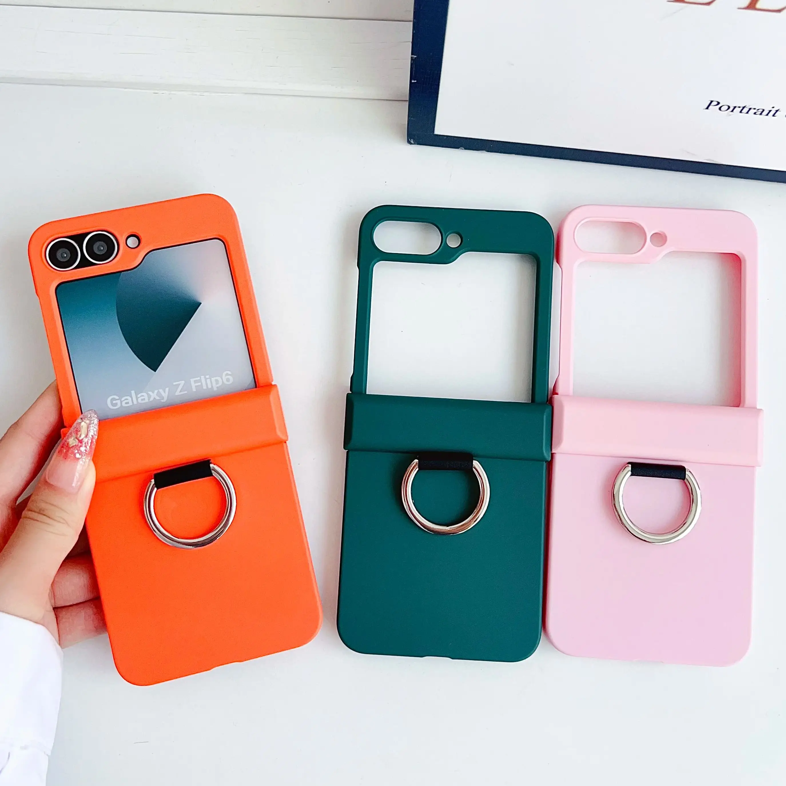 Colorful Matte With Grip Ring Case For Samsung Galaxy Z Flip 6 5 4 3 ZFlip6 ZFlip5 Finger Buckle Solid Color Shockproof Cover