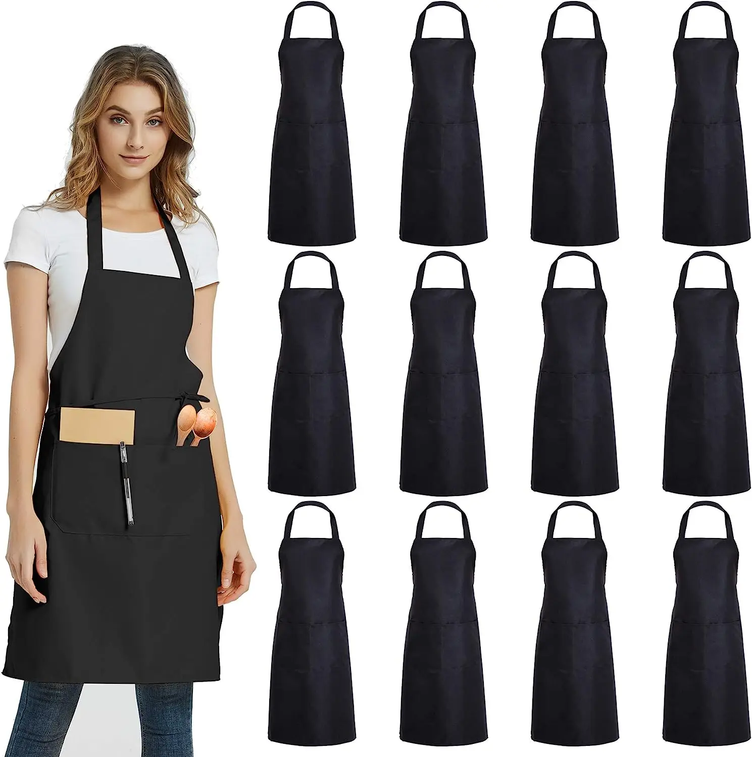 

12 Pack Plain Bib Aprons with 2 Pockets Black Unisex Commercial Apron Bulk for Kitchen Cooking Restaurant BBQ Painting Crafting