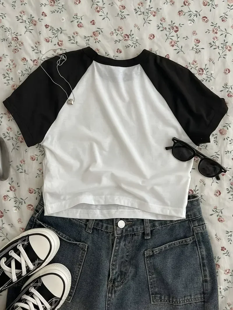 لطيف القط تي شيرت طباعة المحاصيل الأعلى مثير اقتصاص قصيرة الأكمام طاقم الرقبة تي شيرت للنساء ملابس الربيع الصيف عادية