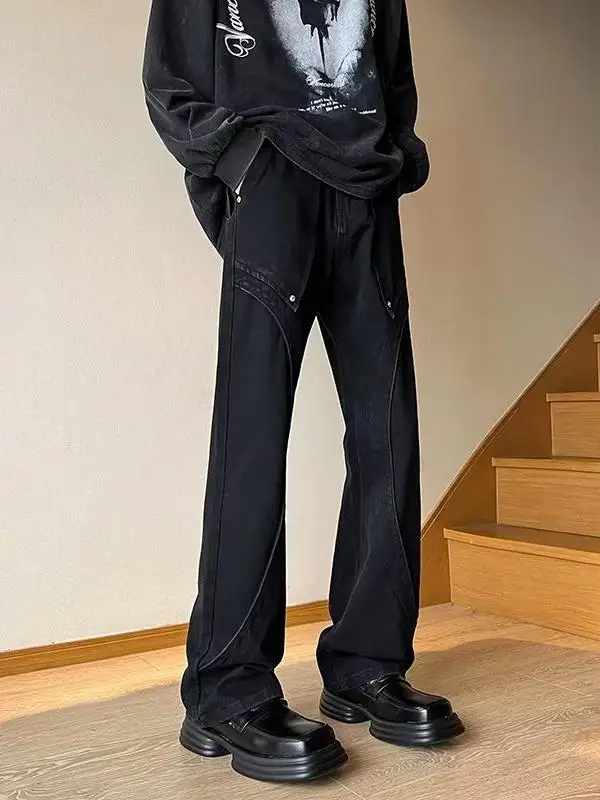 

Мужские джинсы оверсайз прямого кроя в стиле High Street, повседневные, свободные, молодежные, трендовые, из денима с эффектом потертости