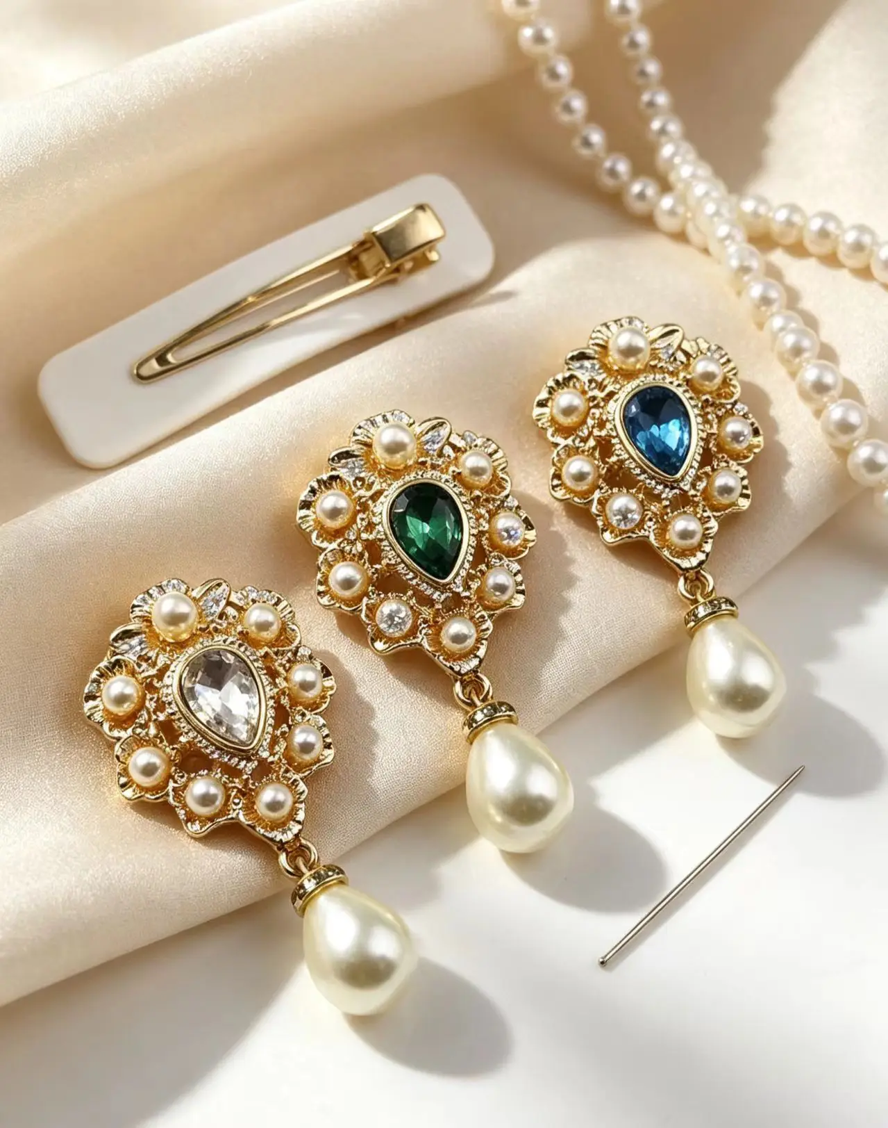 5Pcs 2.6×5cm Luxury Hollow Rhinestone Pearl Sew On Patch Teardrop Pendant Bridal Evening Gown Decoration
