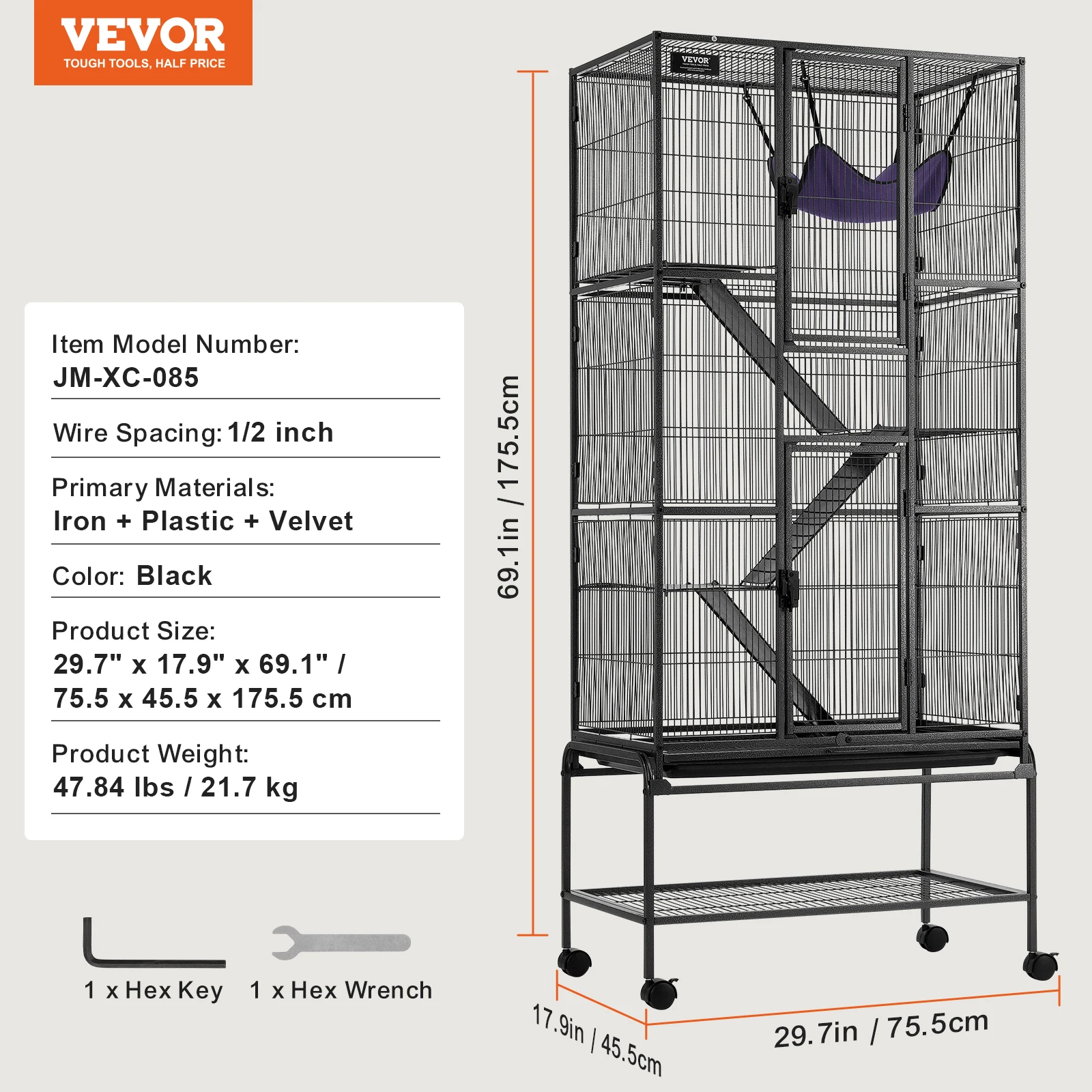 SucceBuy 64,6" rollende metalen fretkooi grote 4-laags Critter Nation Cage kleine dierenkooi voor ratten hamster cavia chinchilla