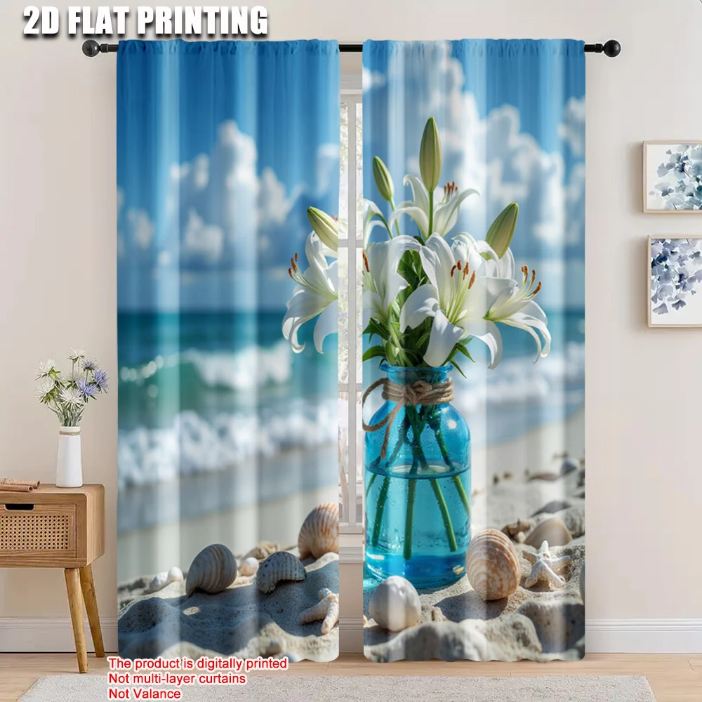 

2pcs, 2D flat printing Drapes Flowers starfish and shells Versatile 100% Polyester,Without Electricity Birthday Party Use for