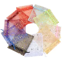 25pcs/lot Colorful Organza Gift Bag Jewelry Packaging Drawstring Bag Gold Color Pattern Party Wedding Candy Bag