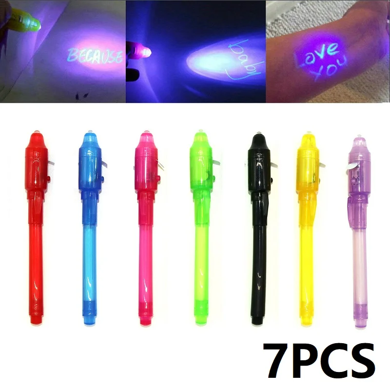 7PCS invisible ink pen with light invisible pen uv highlighter markers Magic Funny pens