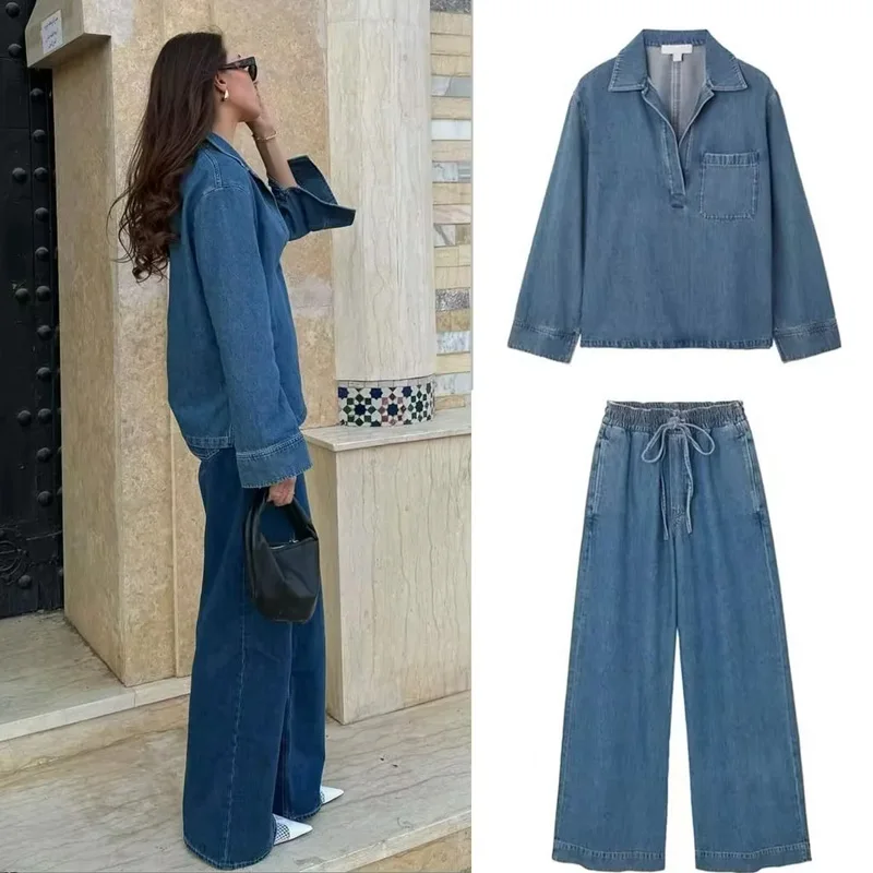 TRAF 2024 Woman Pant Sets Blue Oversized Shirts Wide Baggy Pants Denim 2 Piece Set Women Autumn Casual Jean New Matching Sets